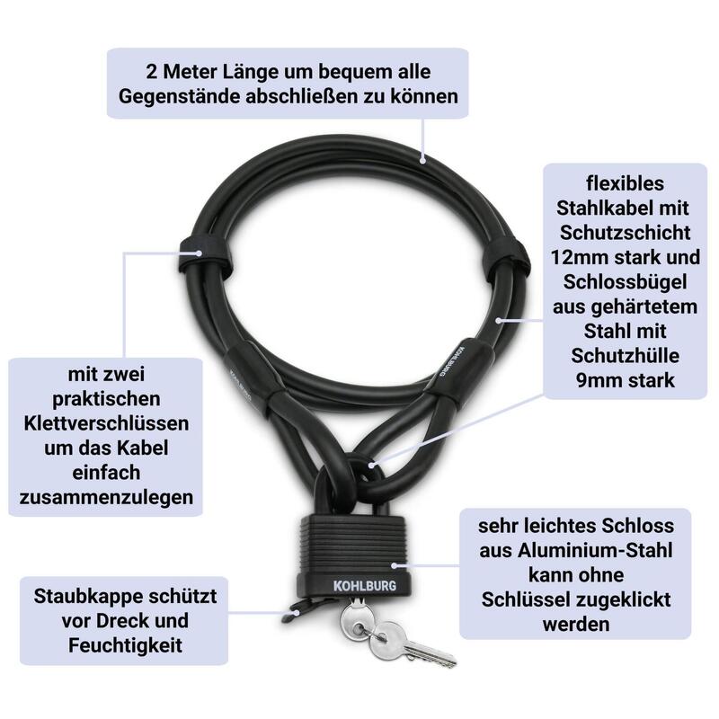 Kabelschloss 200cm lang mit Stahlkabel, Zuklick-Mechanismus & Staubschutz