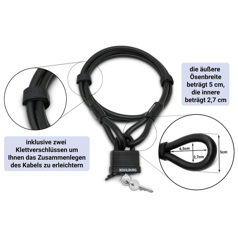 Kabelschloss 200cm lang mit Stahlkabel, Zuklick-Mechanismus & Staubschutz