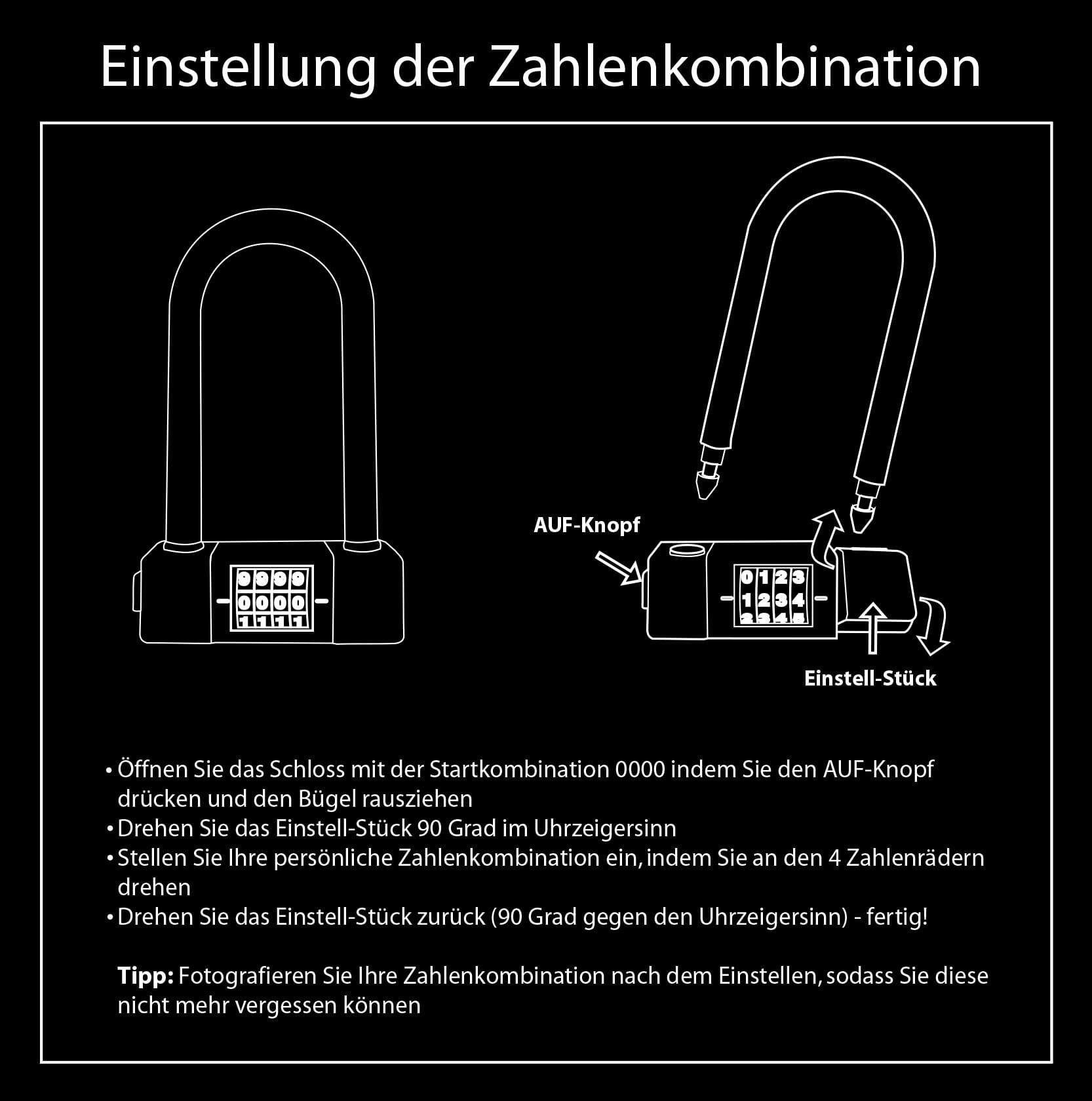 Kleines & leichtes Bügelschloss mit Zahlenkombination 15mm stark mit Halterung 7/7
