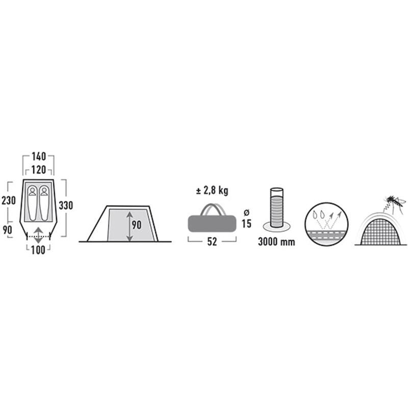 Cort tunel ușor High Peak Kite 2, doar 2,8 kg, rezistent la apă 3000 mm