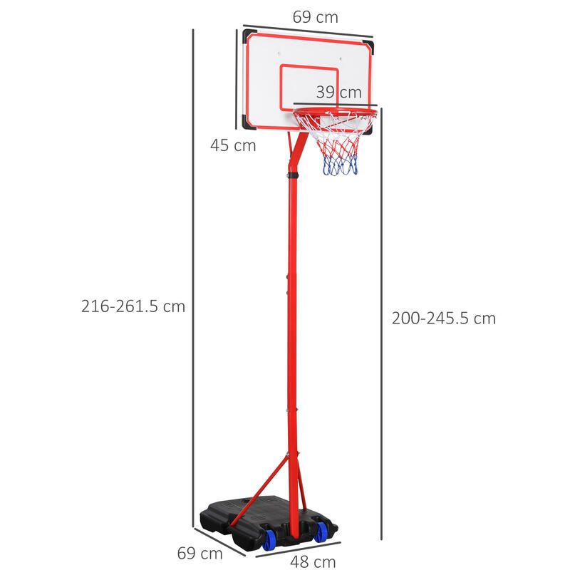 HomCom cos baschet, portabil, reglabil, 69x69x216-261,5 cm