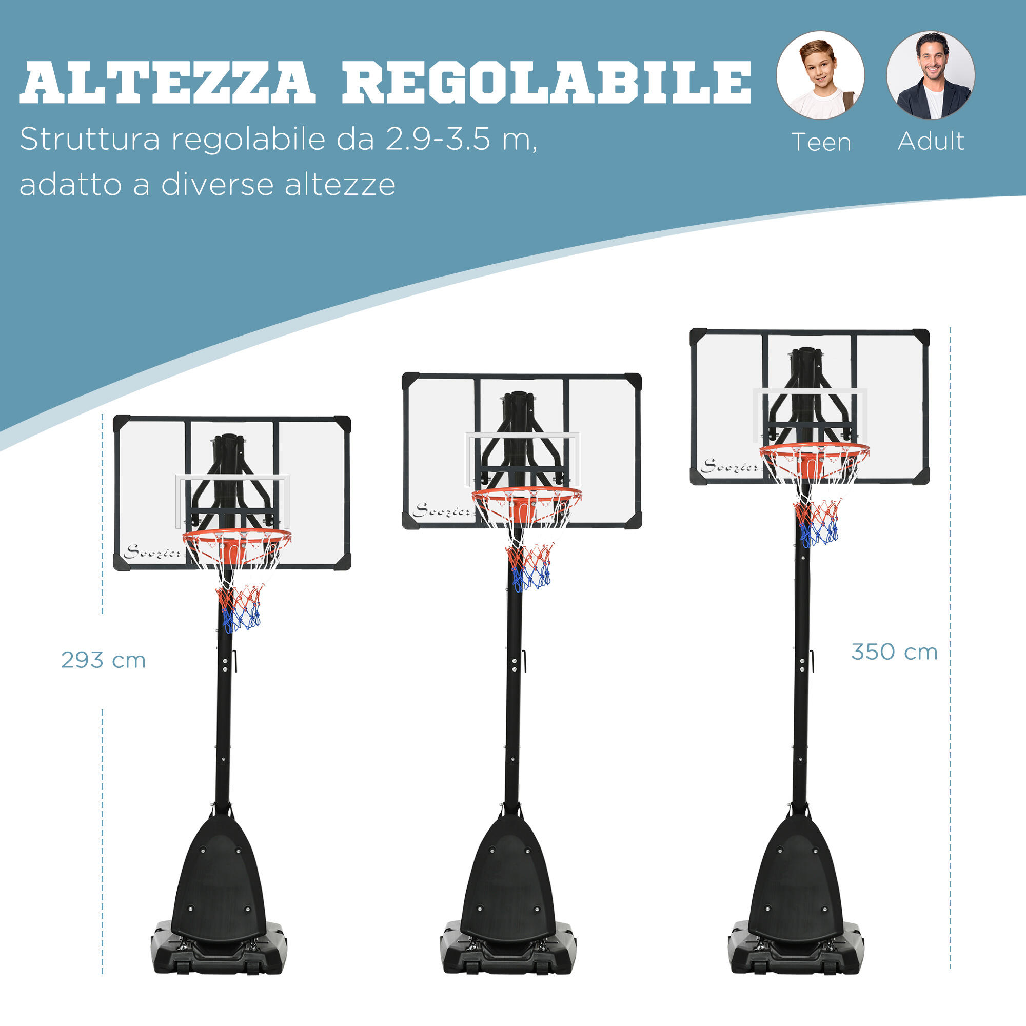SPORTNOW Canestro Basket in Acciaio Regolabile in Altezza e con Ruote 4/8