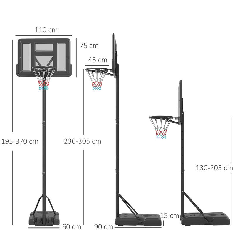 Tabela de basquetebol 110x75x195-370 cm preto SPORTNOW