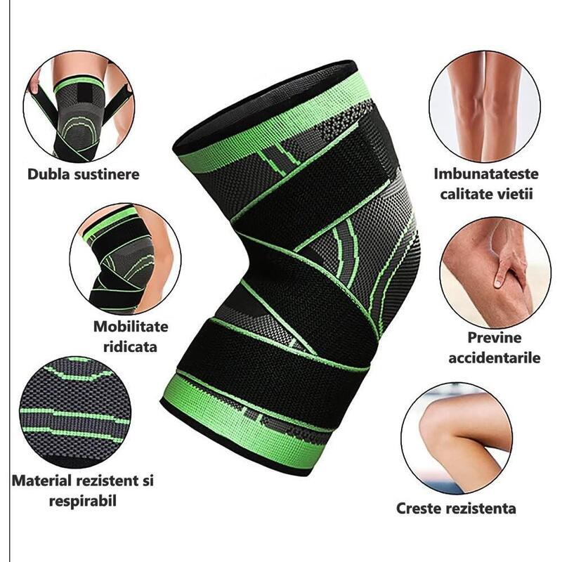 Genunchiera elastica ajustabila, Orteza genunchi cu bretele elastice, Verde