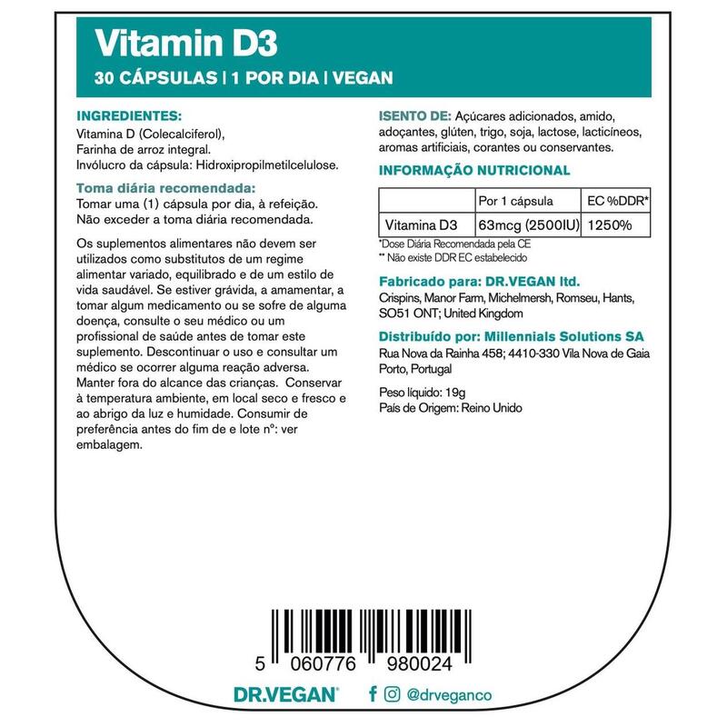 DR.VEGAN Daily Vitamin D3, 2500 UI (63mcg) | 30 Cápsulas Veganas | Uno por día