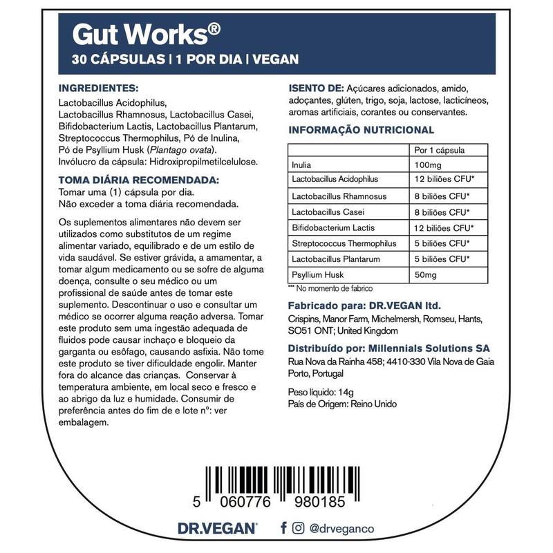 DR.VEGAN Gut Works® | Pre y Probiótico | 30 cápsulas veganas | Uno por día