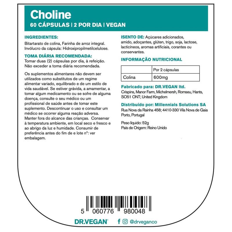 DR.VEGAN Choline, 600mg | Dois por dia - 30 dias de uso