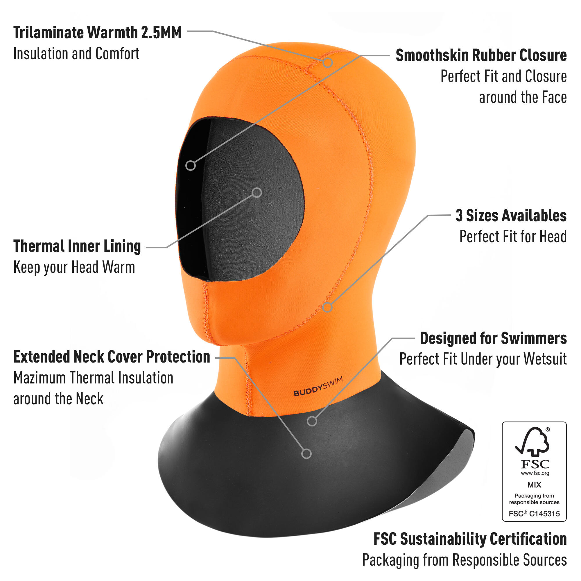 Cagoule en néoprène 2,5 mm pour la natation en eau libre orange. 2/3