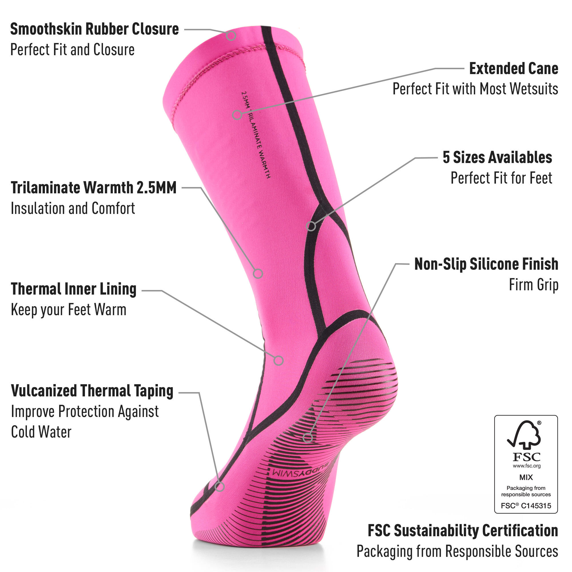 Calze in neoprene per il nuoto in acque libere da 2,5 mm Buddyswim Rosa 2/4