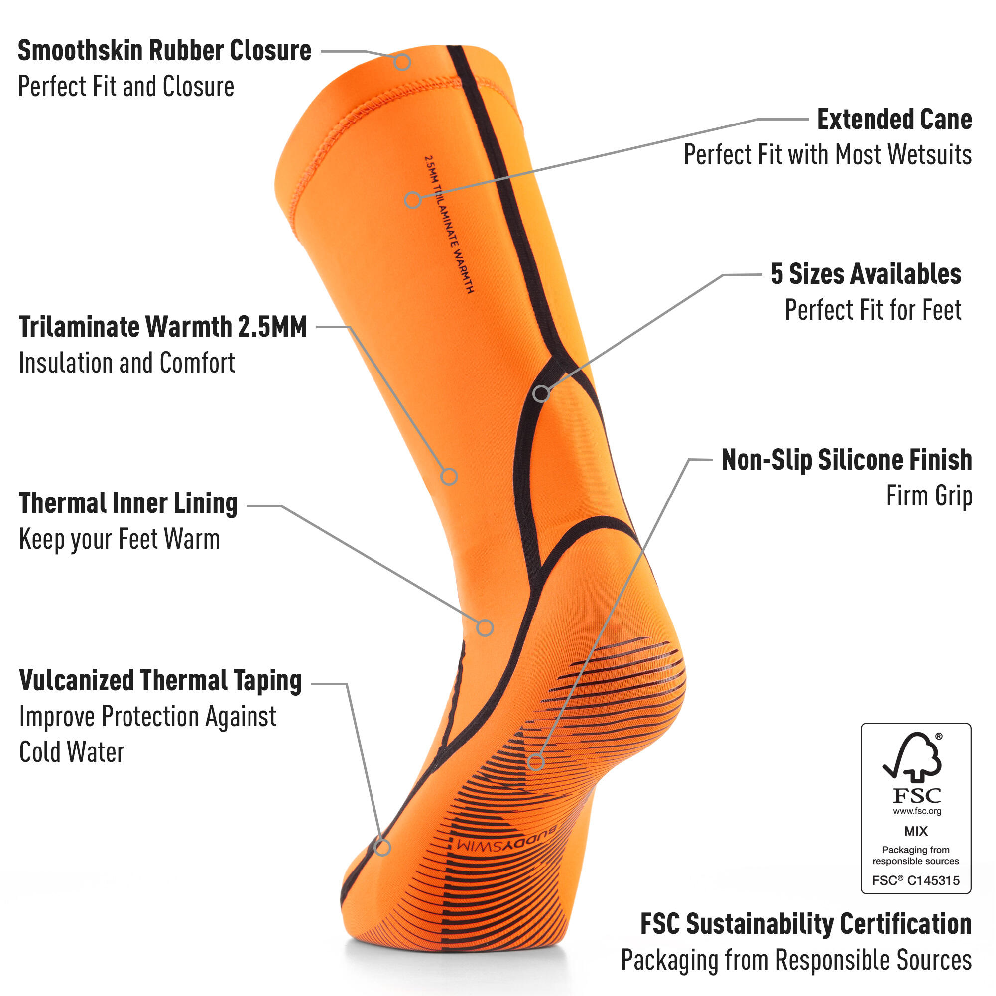 Calze in neoprene per il nuoto in acque libere da 2,5 mm Buddyswim Arancione 2/3