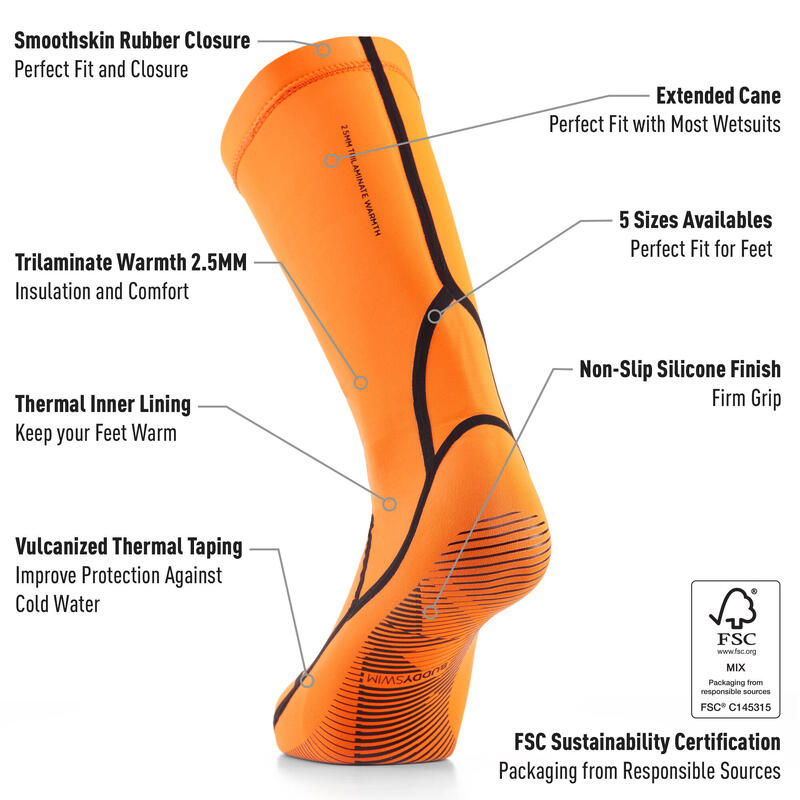 Chaussettes en néoprène 2,5 mm pour la natation en eau libre Buddyswim orange