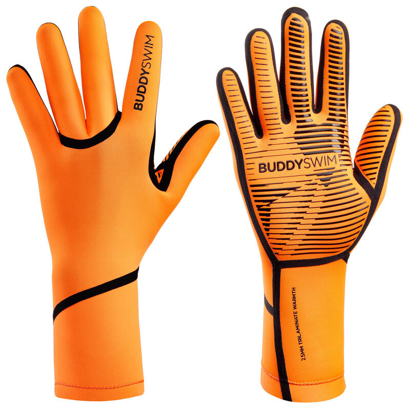 Guantes de Neopreno 2.5 mm Natación en Aguas Abiertas Buddyswim naranja.