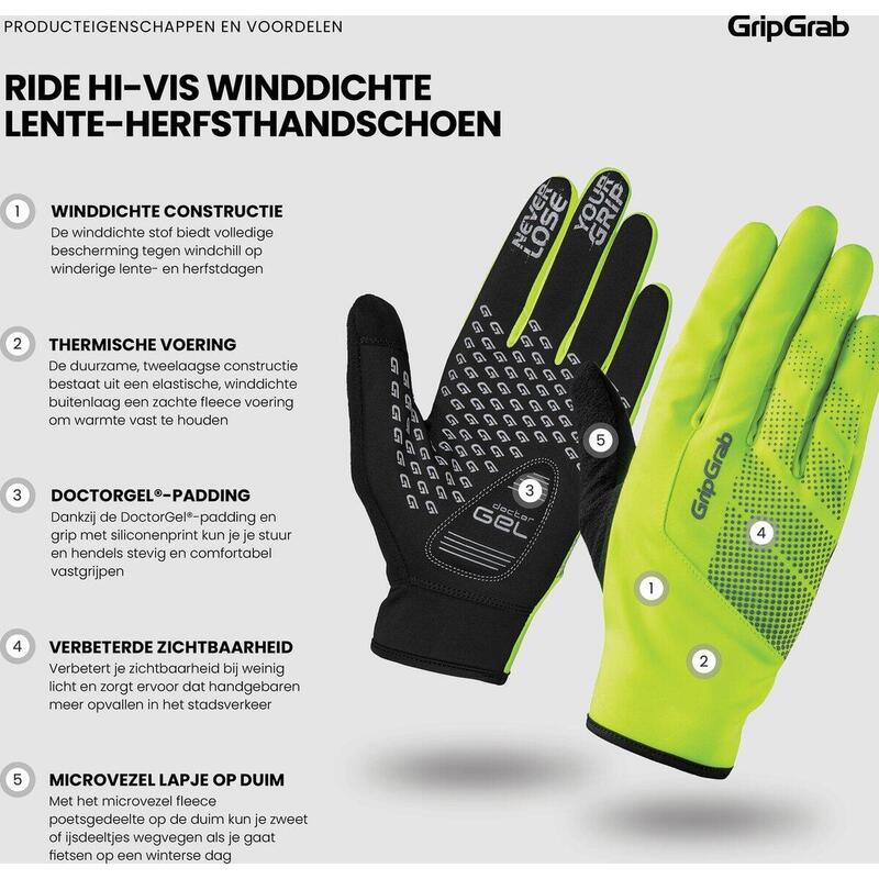Gants de vélo doigts longs taille M - Ride Windproof jaune hi-vis