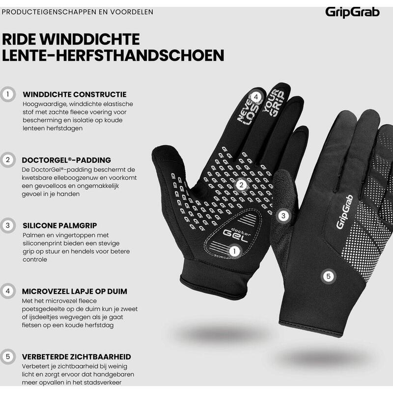 Fietshandschoenen lange vinger maat XL - Ride Windproof zwart