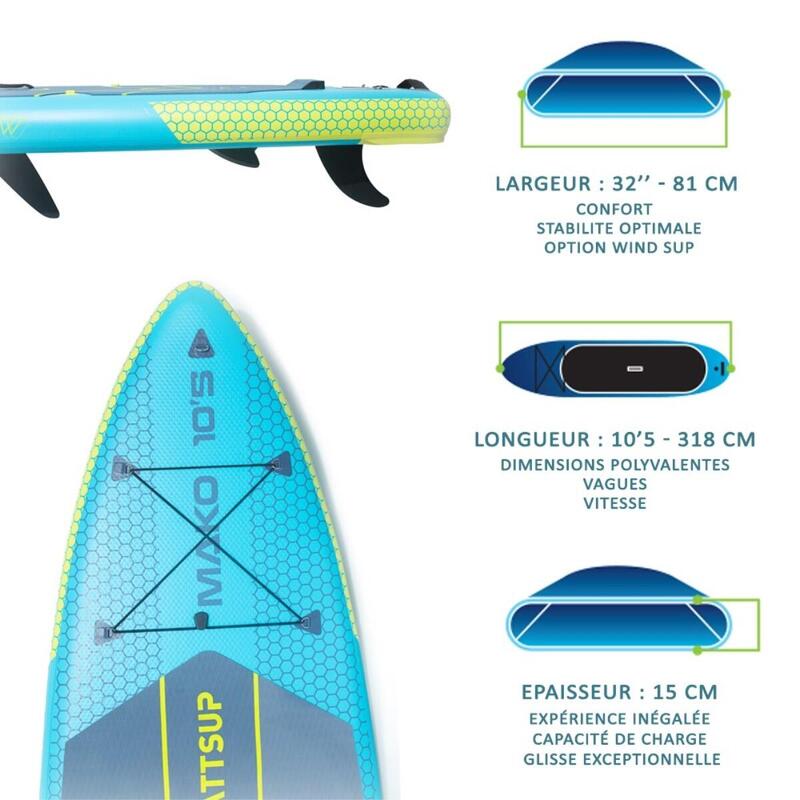 Opblaasbare SUP Mako 10'5 - 318x81x15 cm (10'5x32x6") - DropStitch - MAX 115 kg