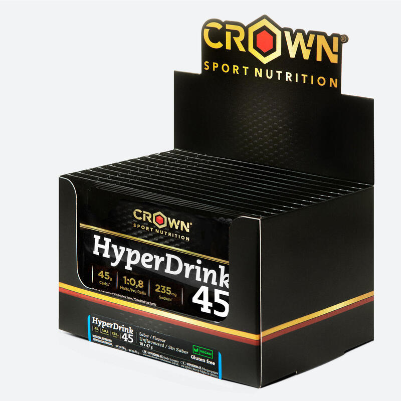 Caja con 10 sobres de bebida alta en carbohidratos Línea Hyper HyperDrink 45