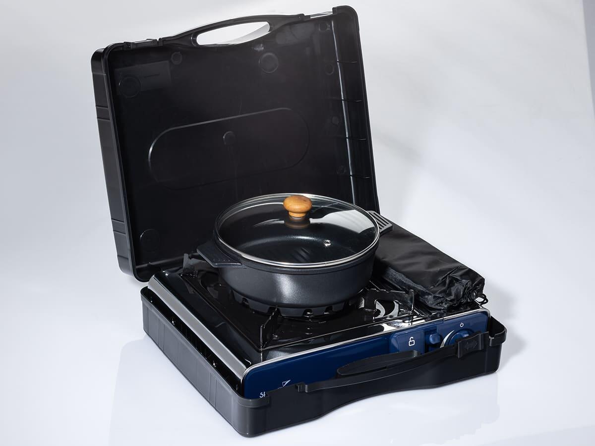 Set Réchaud à gaz 1 feu - Brann - Camping - Allumage Piezo - Mallette 7/8