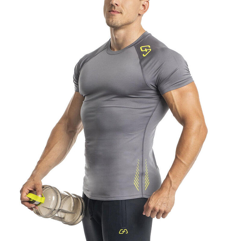 Men Stretchy Tight-Fit Gym Running Sports T Shirt Fitness Tee - GREY