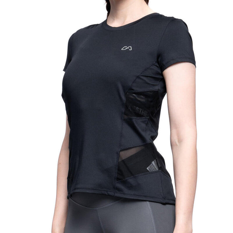 女裝網透修身透氣瑜珈健身跑步短袖運動T恤 - 黑色