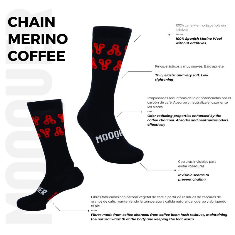 Calcetines Ciclismo Invierno Lana Merino Heat Unisex Mooquer Chain Coffee Negros