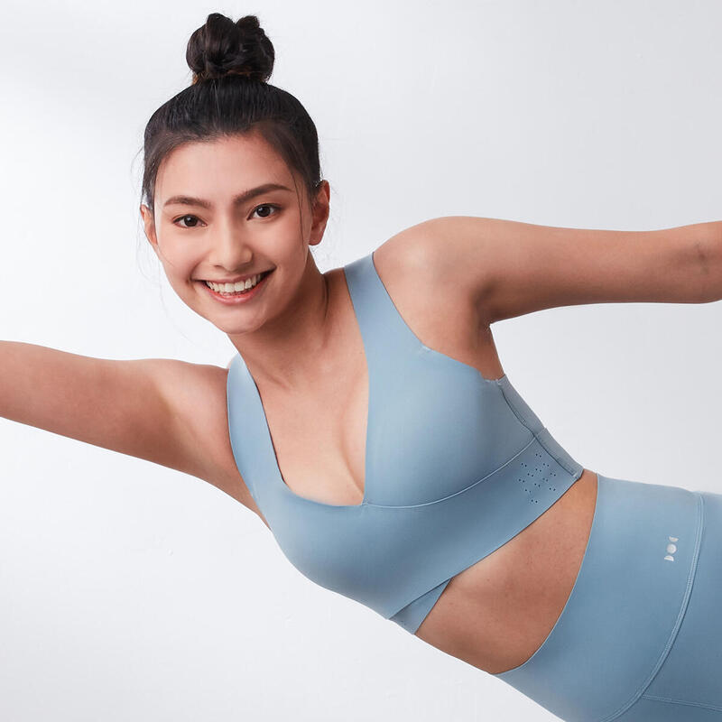 Free Me V- Neck UV Protection Medium Impact Sports Bra-Light Blue