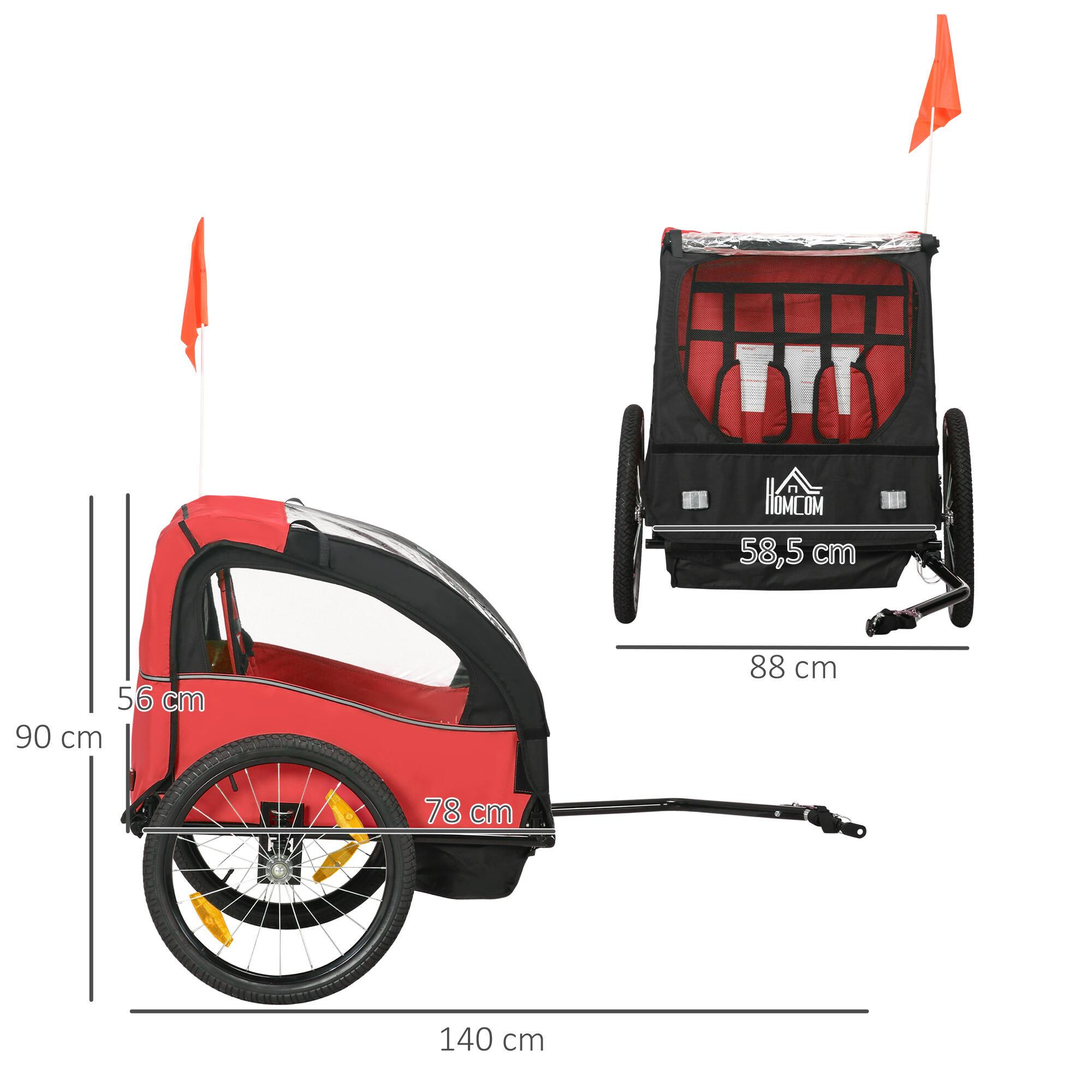 Remolque de Bicicleta HOMCOM 140x88x90 cm Rojo 3/7
