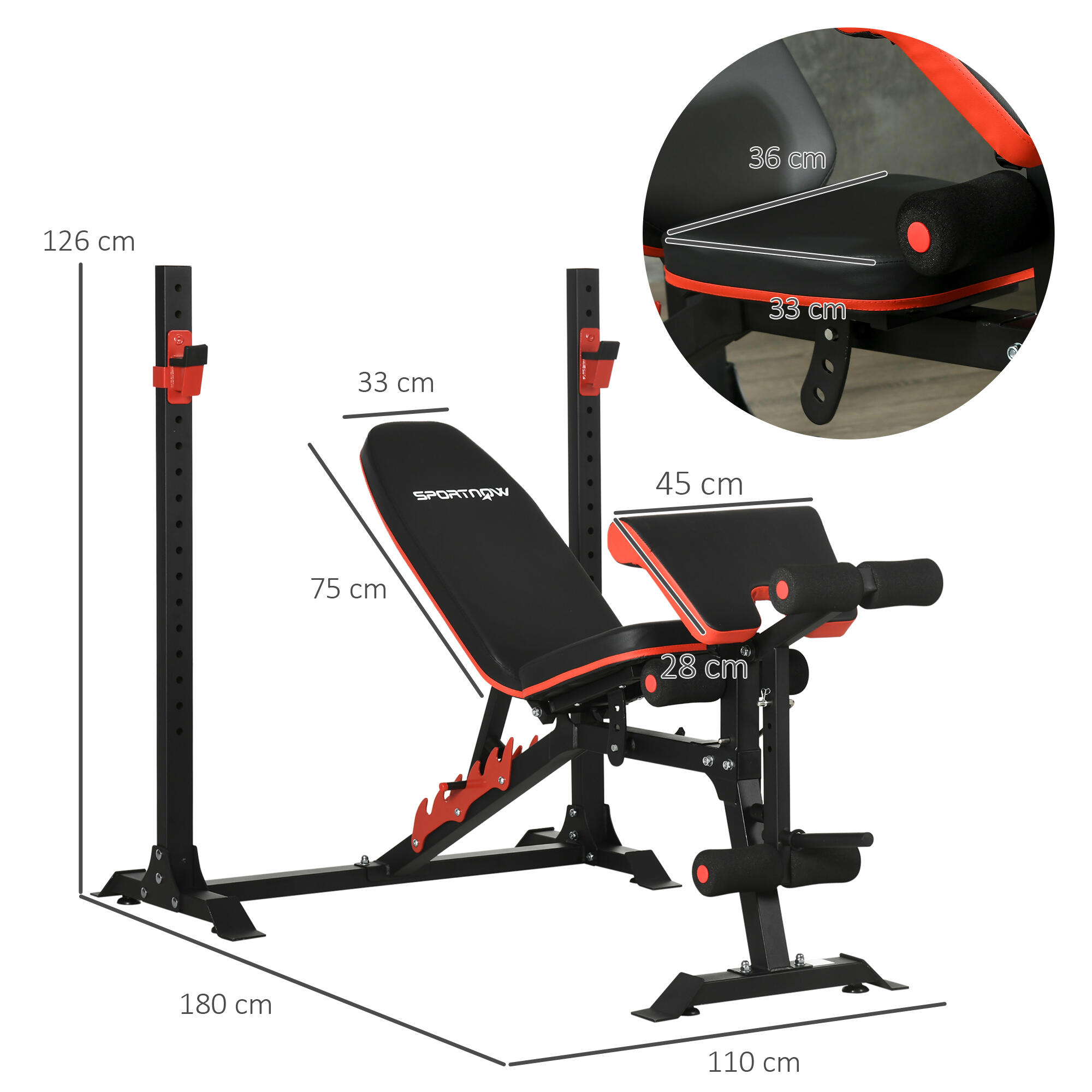 Banco de Musculación SPORTNOW 180x110x126 cm Negro y Rojo 3/7