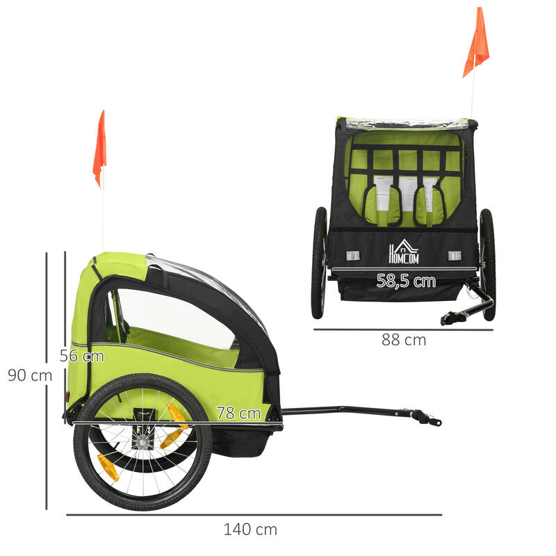 Reboque Bicicleta Crianças HOMCOM 140x88x90 cm Verde