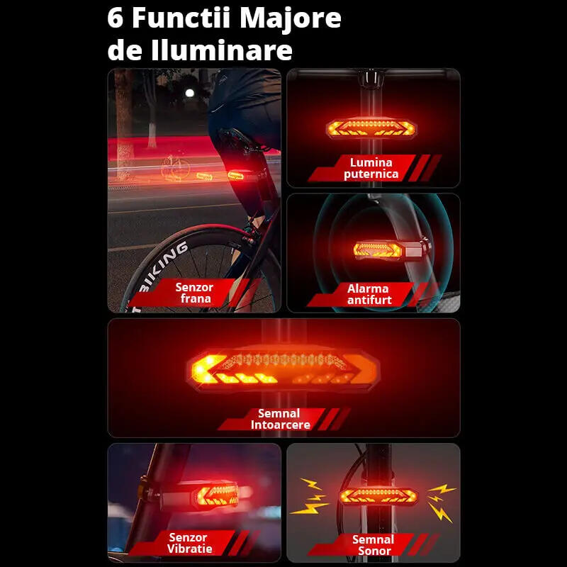 Stop bicicleta spate, alarma antifurt, telecomanda wireless, senzor frana