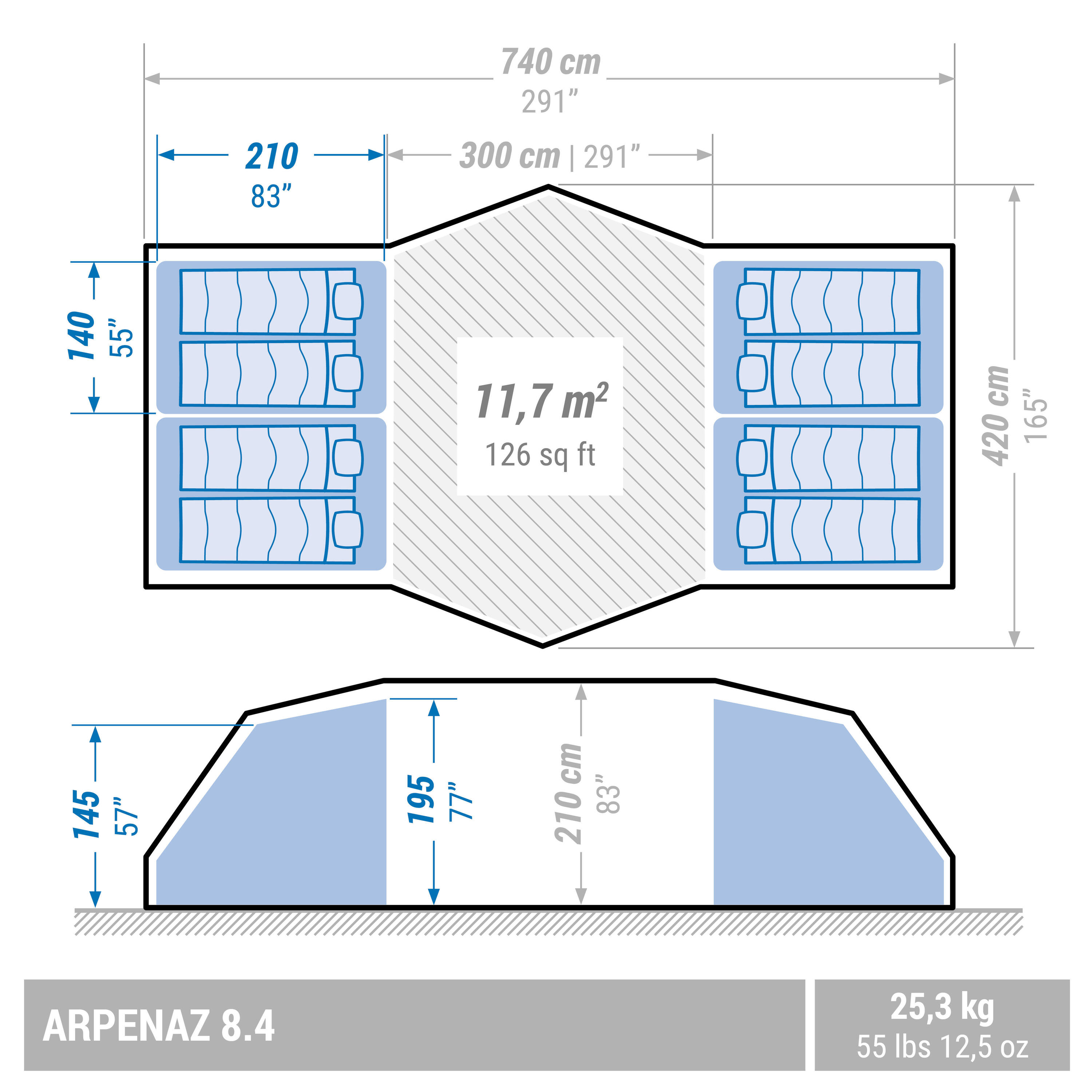 Tenda da campeggio 8 posti, 4 camere, Arpenaz 8.4 2/8
