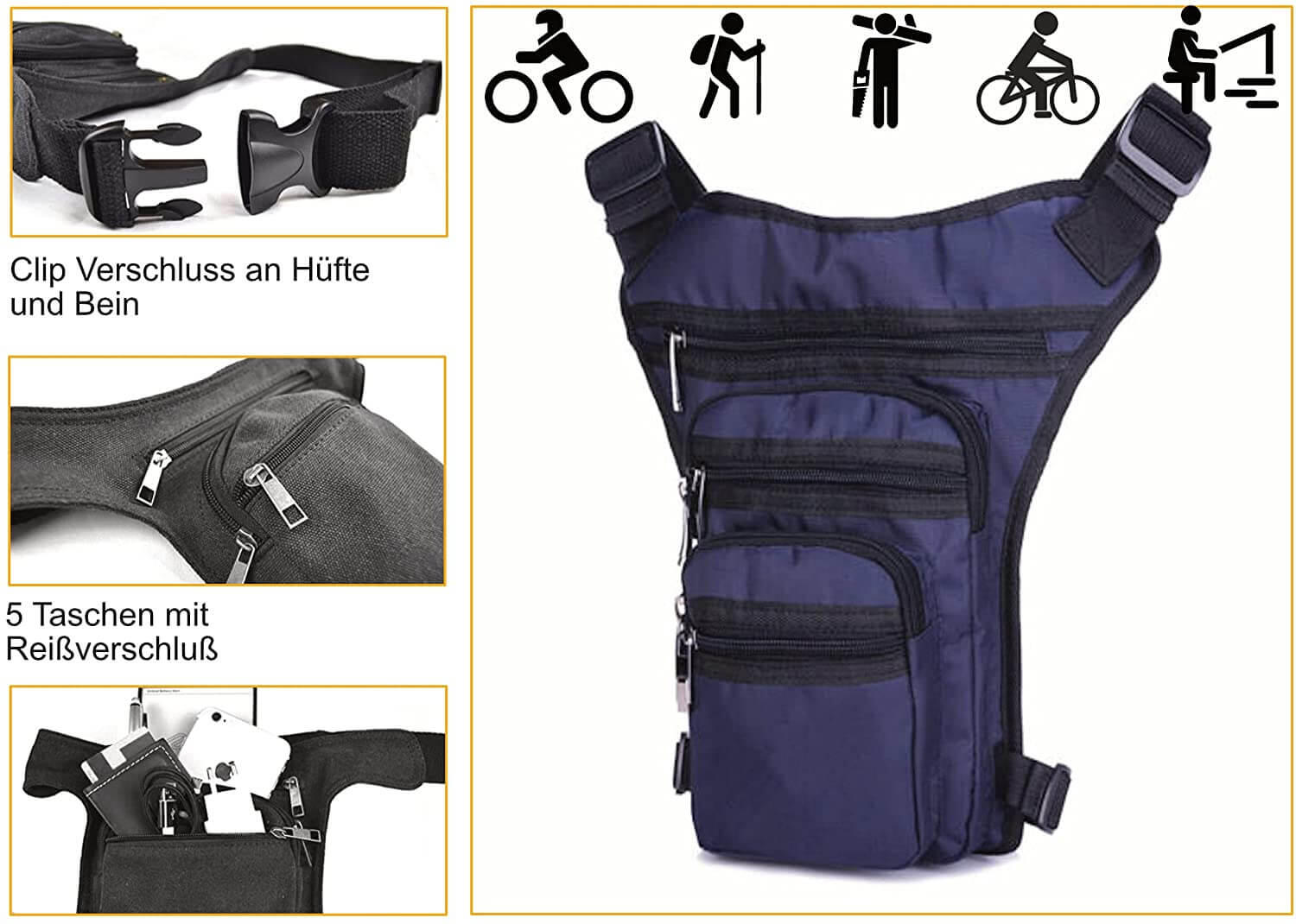 Beintasche Blau Damen Herren 5x RV Fächer Gürteltasche Hüfttasche Angeln Bike 3/5
