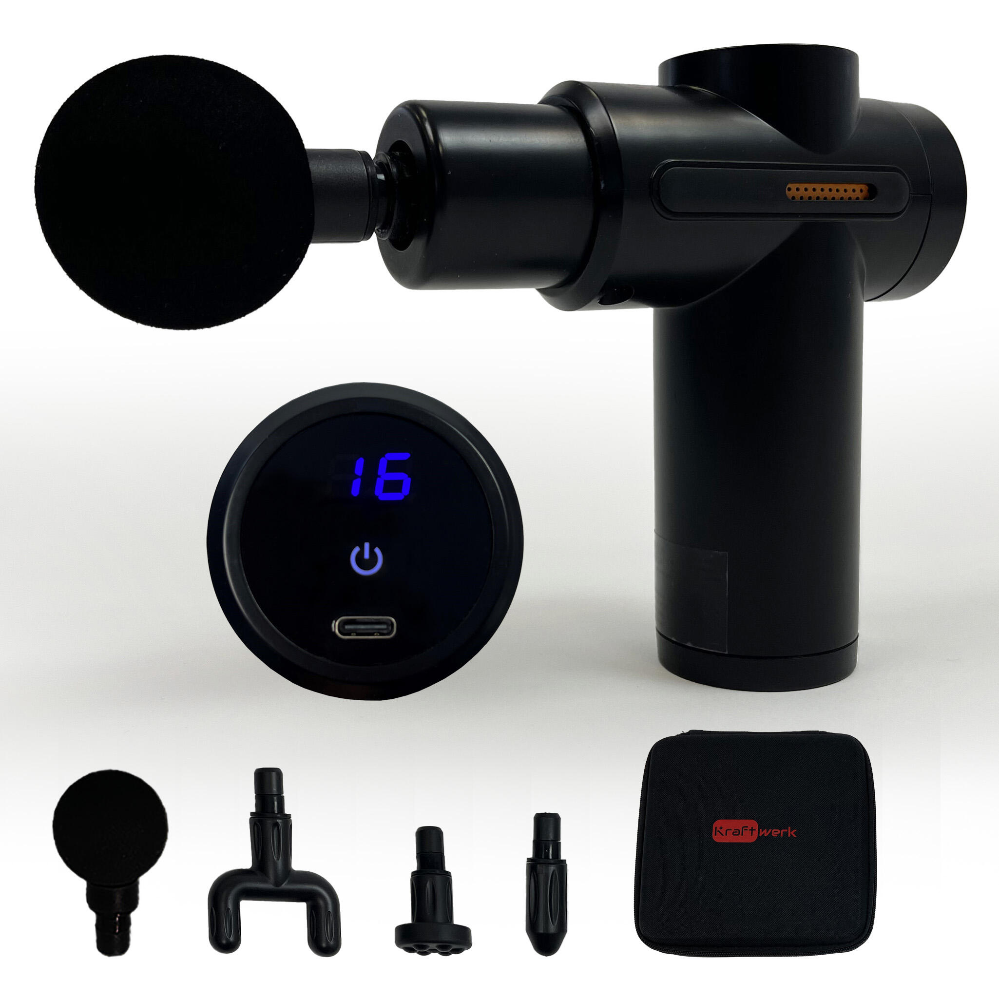 AXION Krachtige massagepistool in het zwart - 32 niveaus, 4 massagekoppen, USB-C
