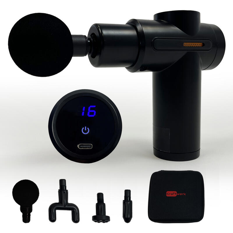 Krachtige massagepistool in het zwart - 32 niveaus, 4 massagekoppen, USB-C
