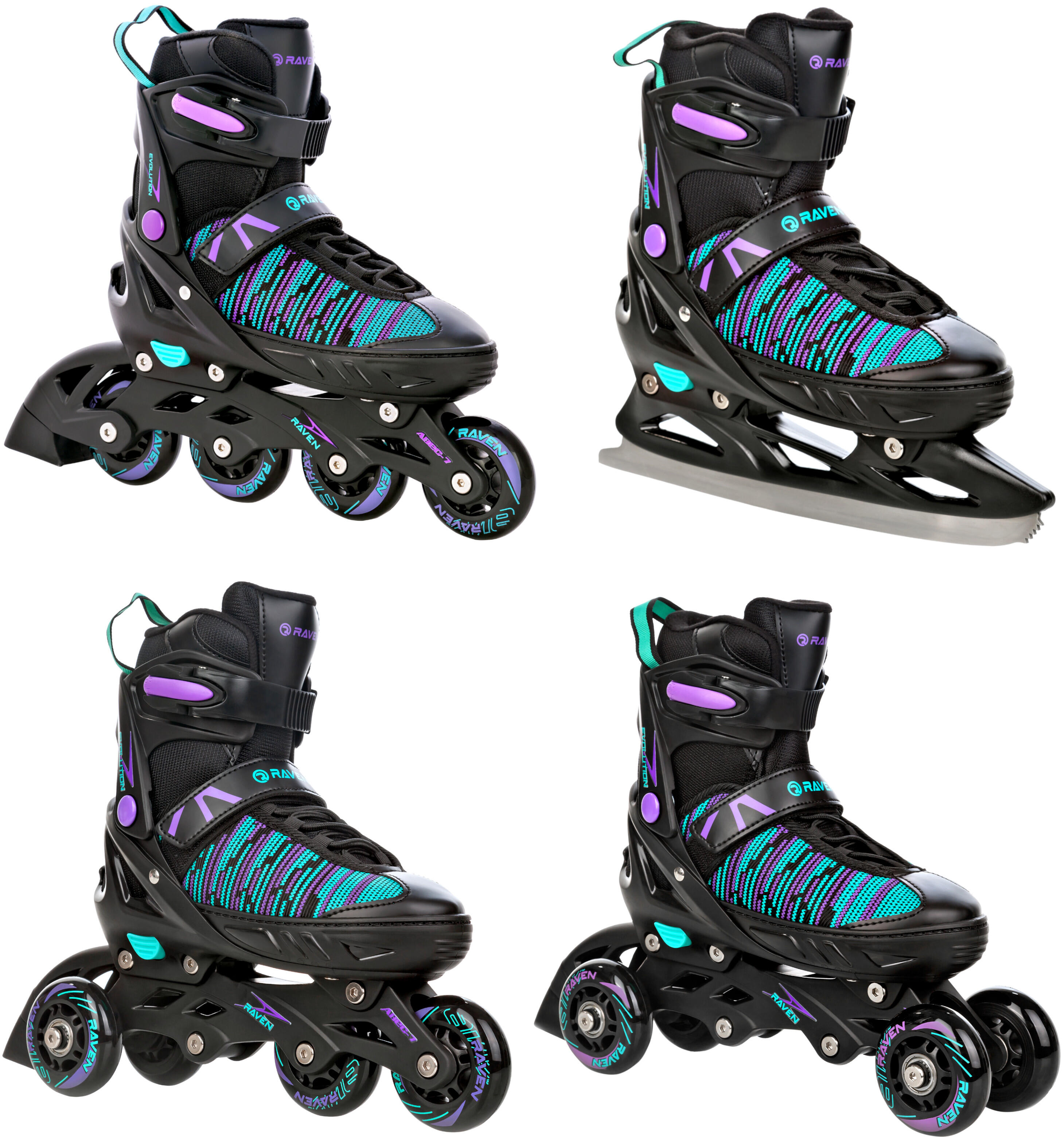 RAVEN Rollschuhe Verstellbare Schlittschuhe 4in1 Cande Schwarz/Lila/Mint