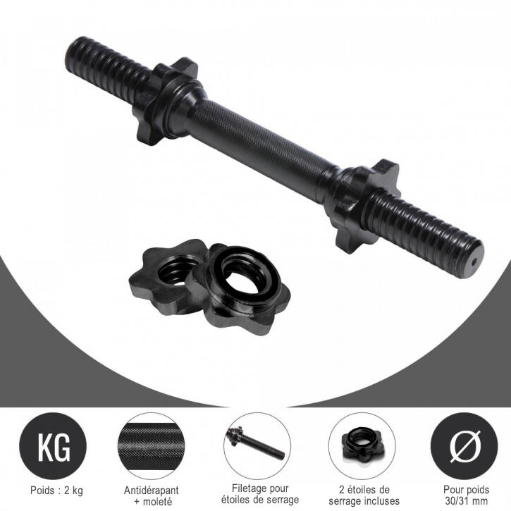 BARRE COURTE NOIRE 35 CM | DIAMETRE 30 MM | MUSCULATION | 2 BAGUES DE SERRAGE 7/7