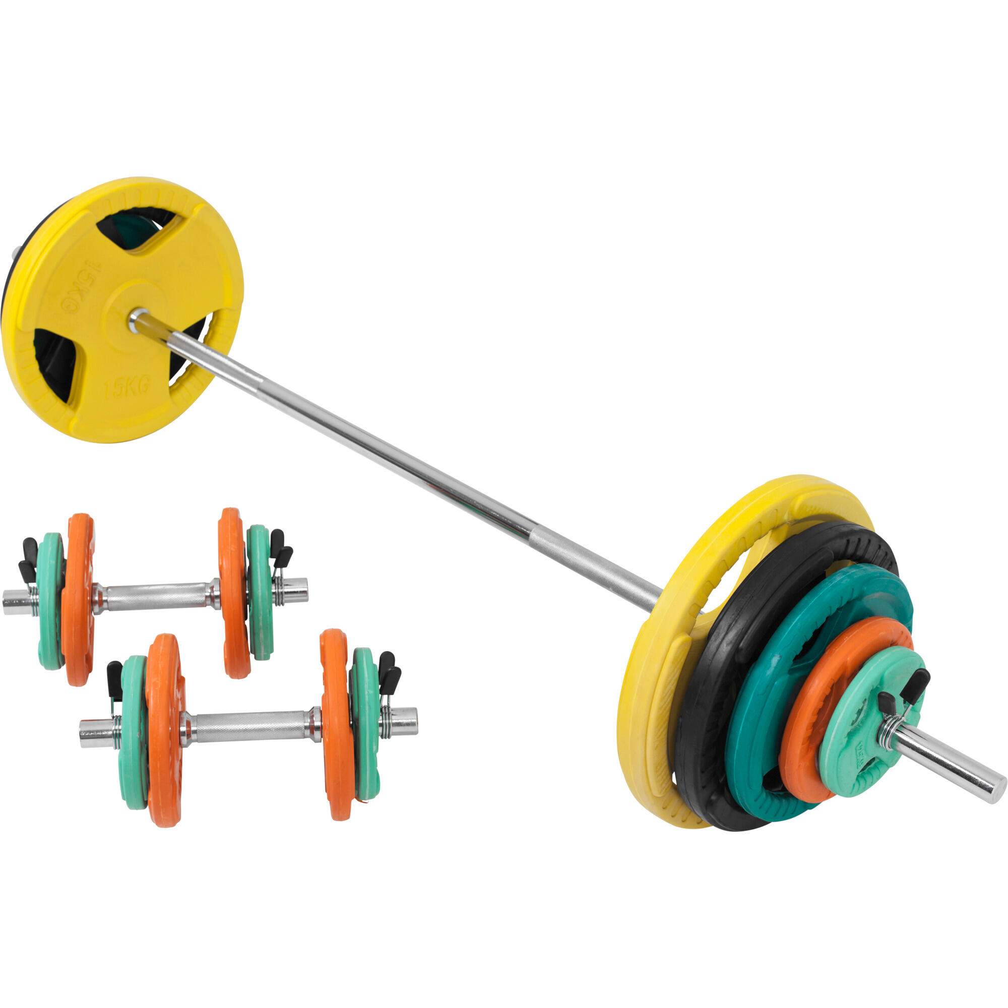KIT 97,5KG AVEC POIDS EN CAOUTCHOUC GRIP ET BARRE CURL | DIAMETRE 30/31MM | MUSC 7/7