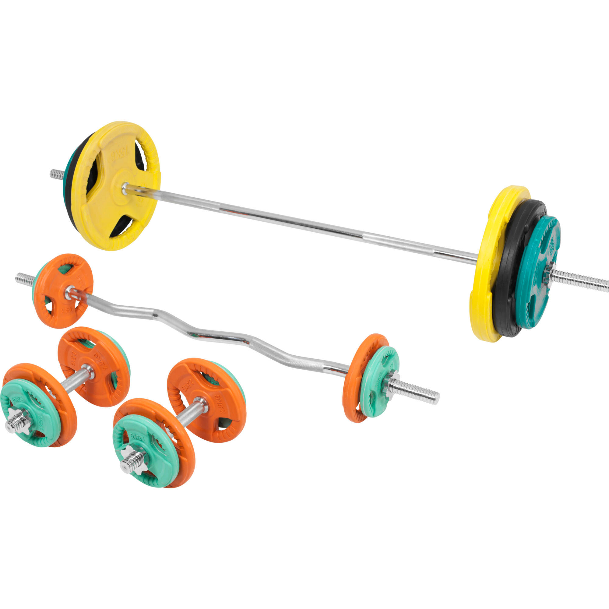 KIT 105,5KG AVEC POIDS EN CAOUTCHOUC GRIP ET BARRE CURL | DIAMETRE 30/31MM | MUS 7/7