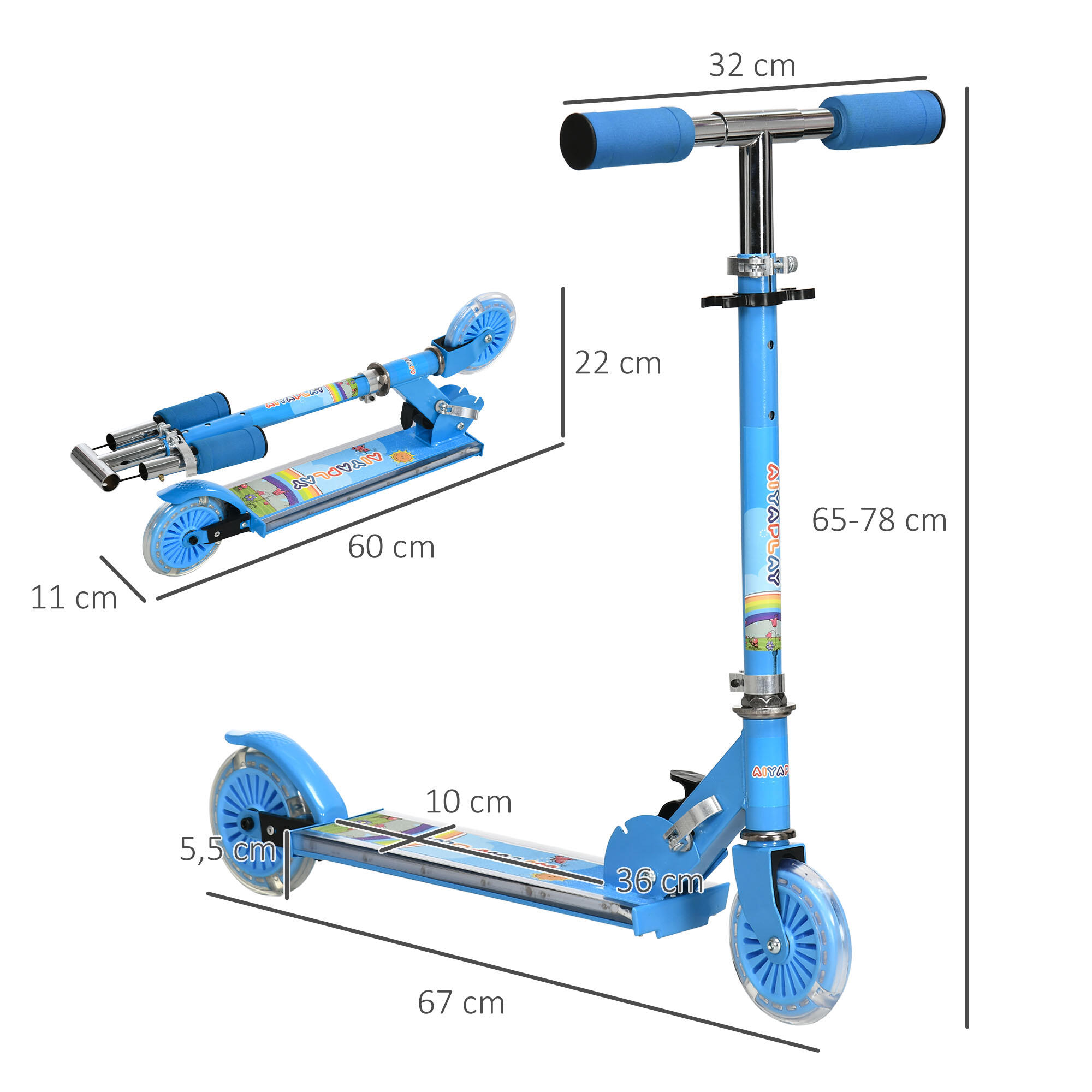 Trotinete para Crianças HOMCOM 67x32x65-78 cm Azul 3/7