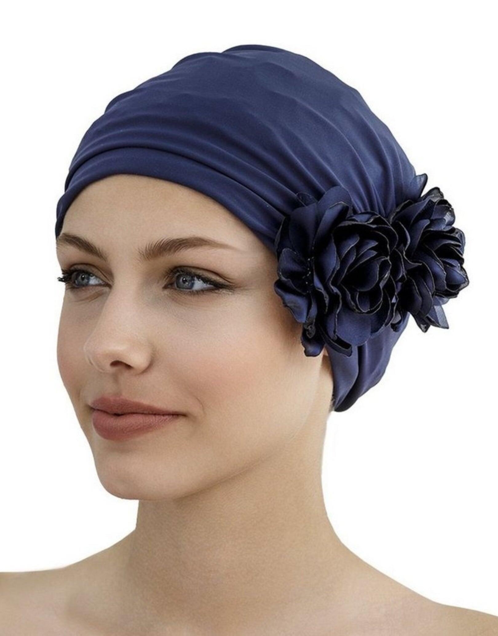 Fashy Flower Fabric Swim Cap - Navy 1/3