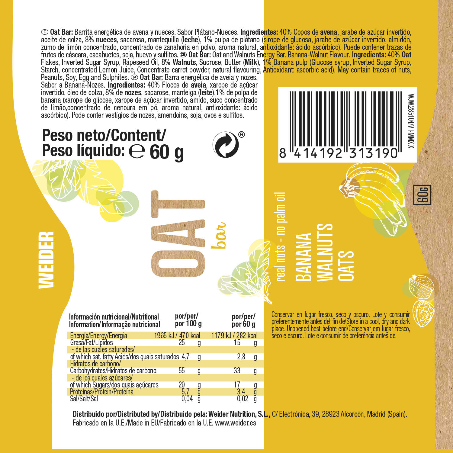 Weider OAT BAR Sabor Banana-Nueces 20x60g 3/5