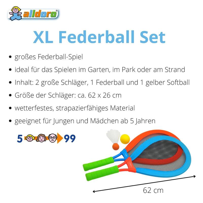 Federballset für Kinder mit XL-Netzschlägern, 1 Federball und 1 Softball
