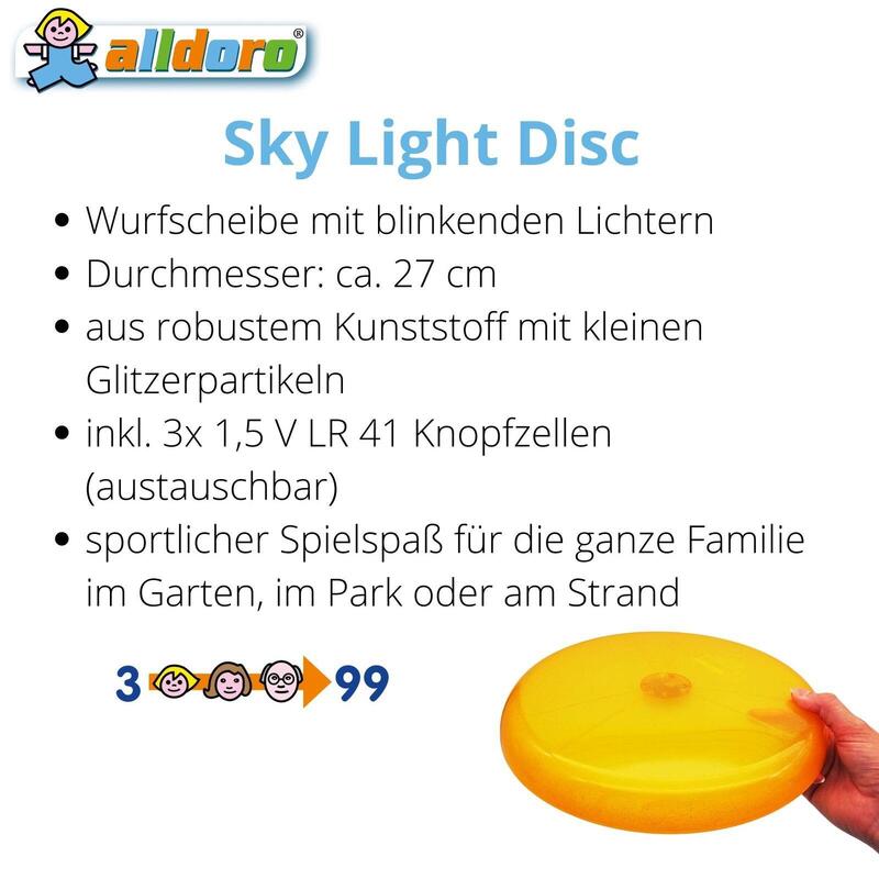 LED Sky Light Disc, gelbe Wurfscheibe aus Kunststoff mit Leuchteffekt, Ø 27 cm