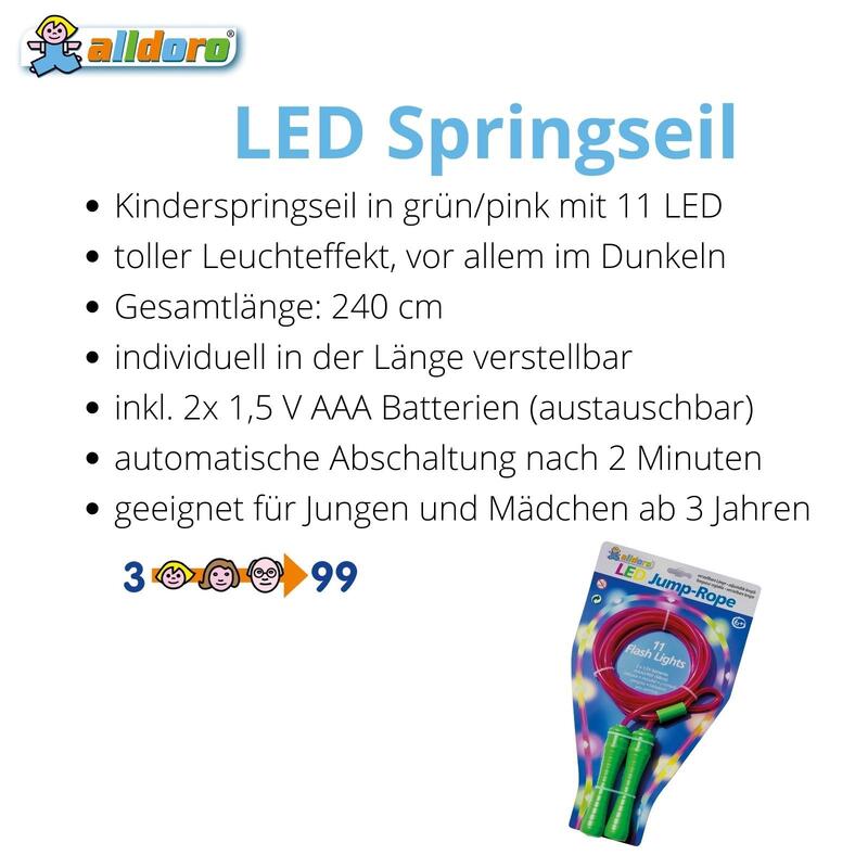 LED Springseil für Kinder mit Leuchteffekt, pink/grün, 240 cm lang, verstellbar