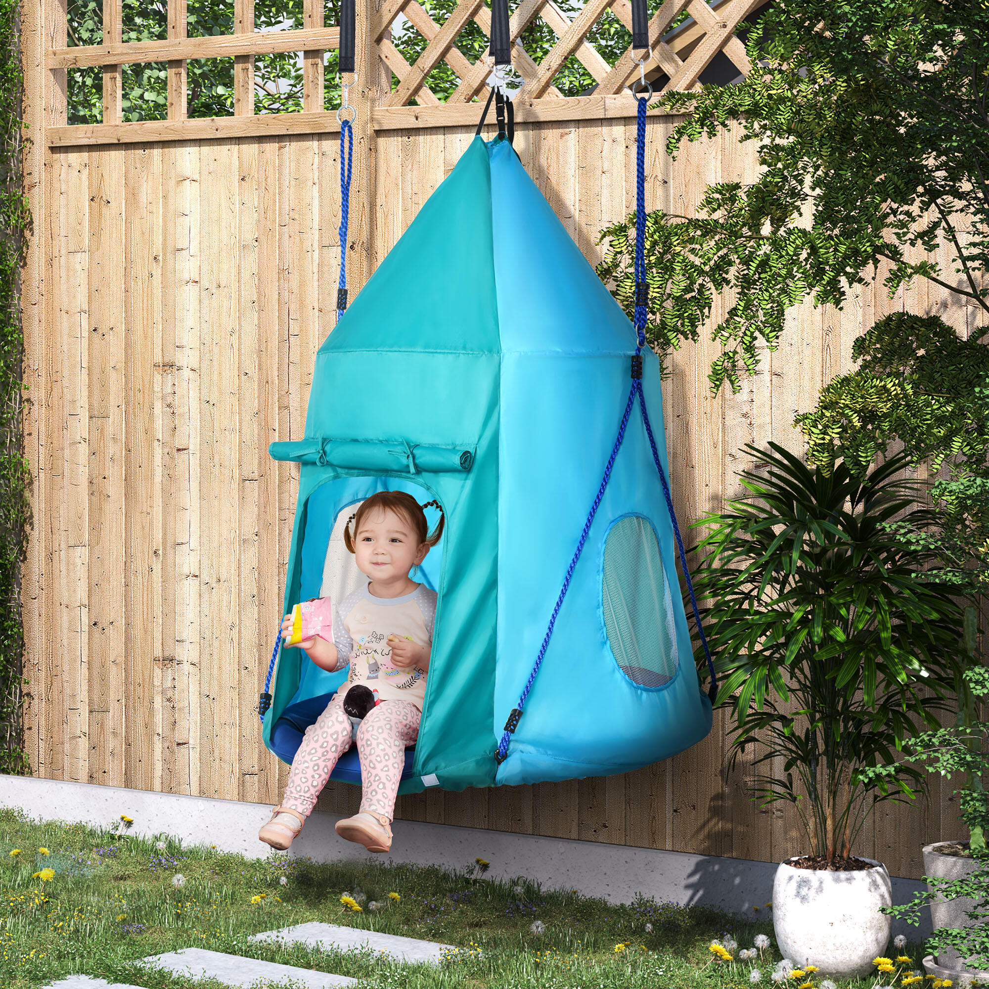 Outsunny Altalena da Giardino con Tenda per Bambini da 3-8 Anni Ø100cm Blu 2/7