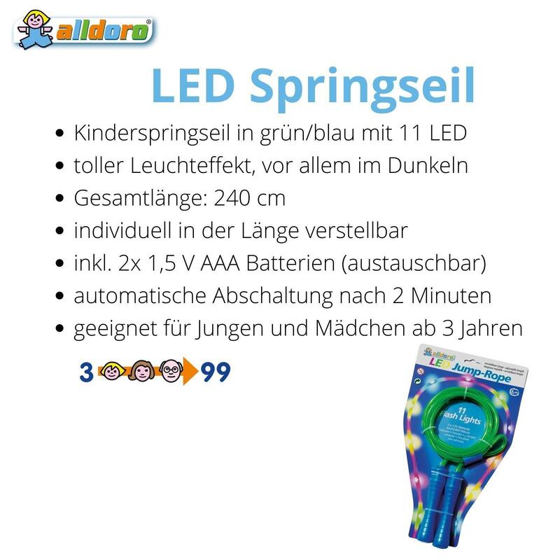 LED Springseil für Kinder mit Leuchteffekt, grün/blau, 240 cm lang, verstellbar