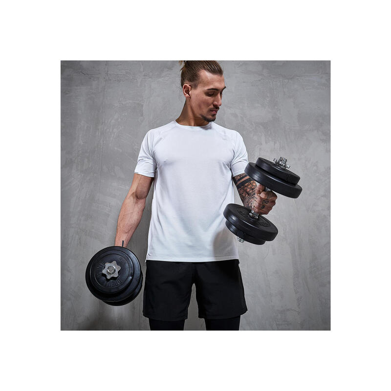 SET D'HALTÈRES 70KG AVEC DISQUES PLASTIQUES + BARRE LONGUE 170CM | MUSCULATION