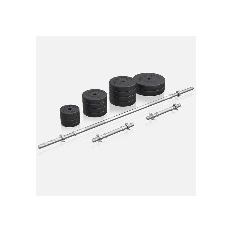 SET D'HALTÈRES 70KG AVEC DISQUES PLASTIQUES + BARRE LONGUE 170CM | MUSCULATION