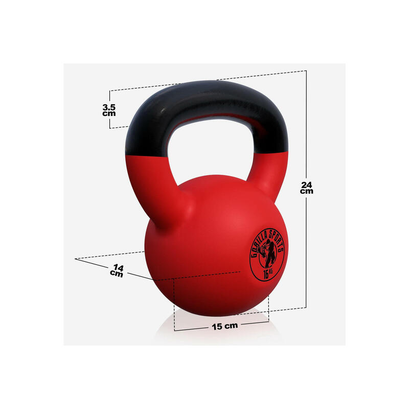 Kettlebell - 16 kg - Gietijzer - Rubber Coating - Vinyl - Rood