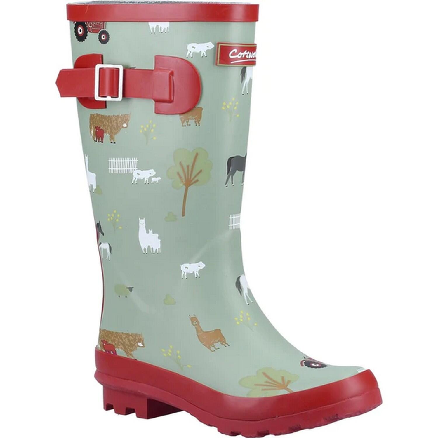 COTSWOLD Childrens/Kids Farmyard Wellington Boots (Khaki Green/Red)