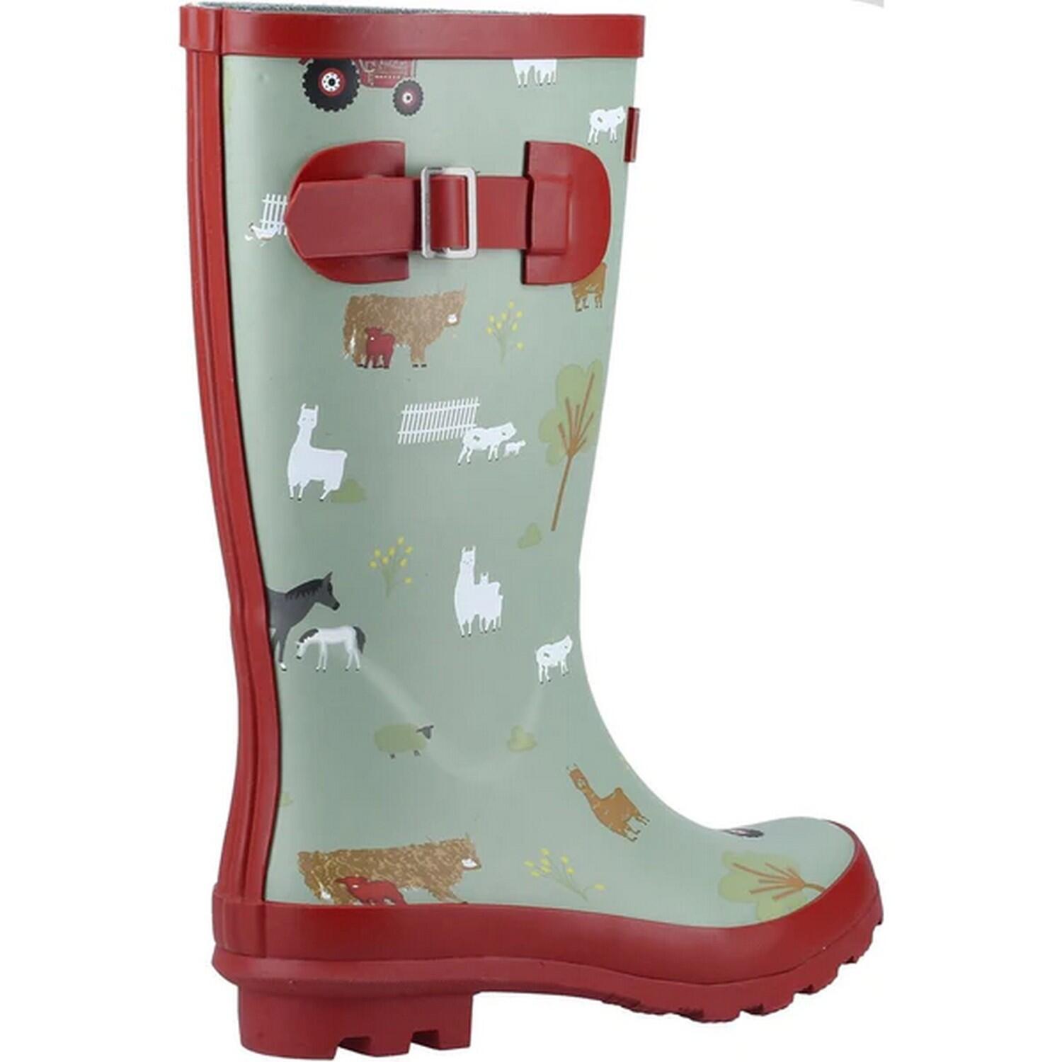 Childrens/Kids Farmyard Wellington Boots (Khaki Green/Red) 2/5